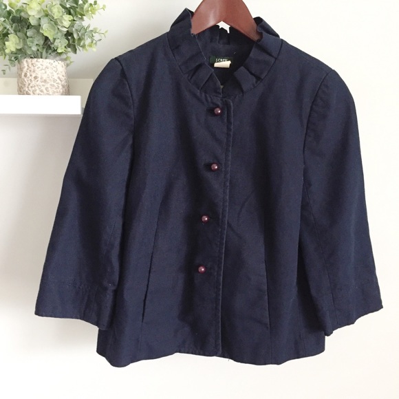 J. Crew Jackets & Blazers - J. Crew Navy Lined Cotton Ruffle Jacket with Button Detail